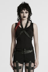 Black Halterneck Sleeveless Buckle Strap Women's Punk Vest